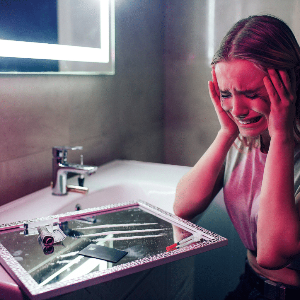 Lady crying with mirror with lines of cocaine and a syringe